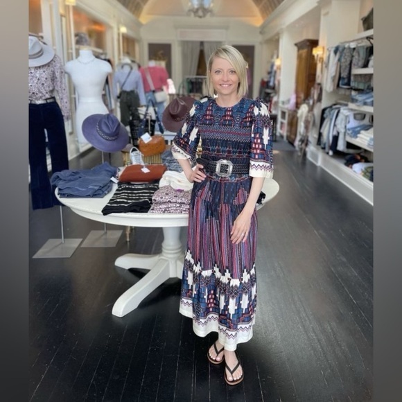 ba&sh Blue and White Smocked Mandie Midi Dress XS - Picture 4 of 16